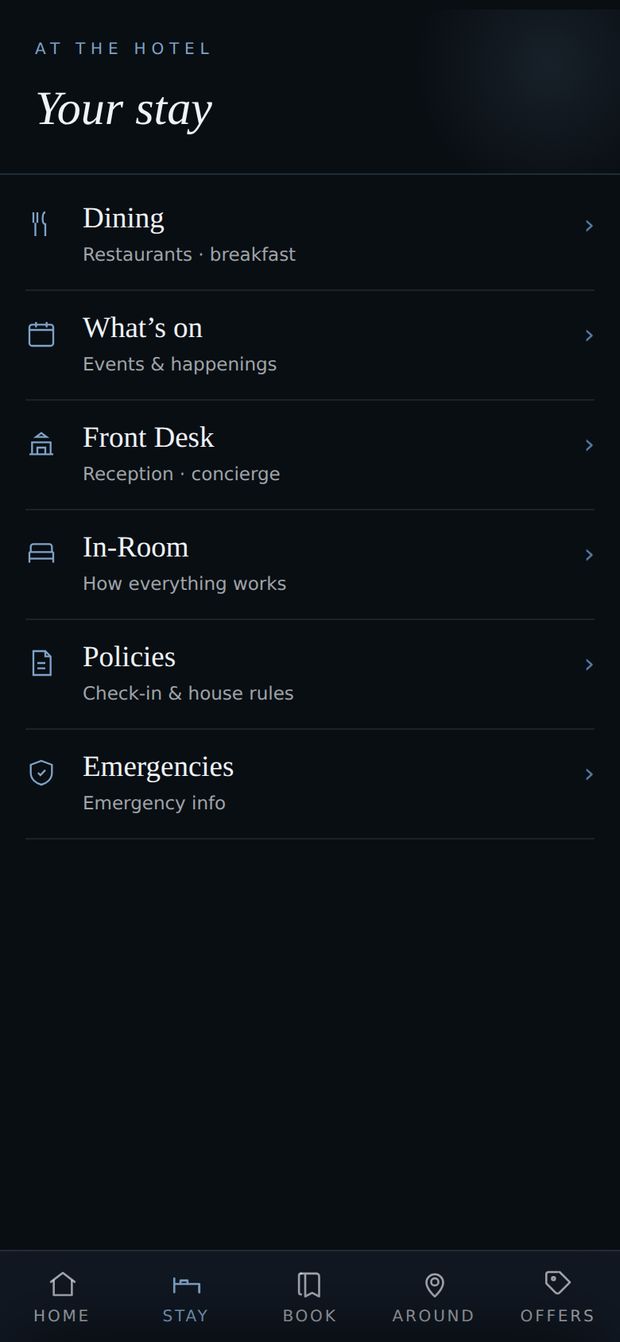 The Your stay screen for a small hotel: Dining, What’s on, Front Desk, In-Room, Policies and Emergencies, each with a one-line description.