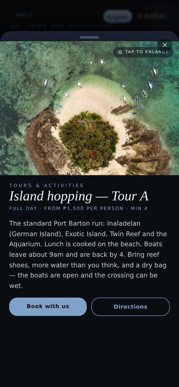 An island hopping tour open in the app under Tours and activities, with the price, the full description, a Book with us button and Directions.