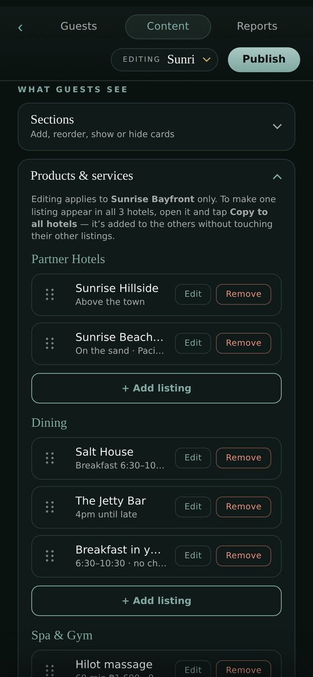 The content editor on a phone: Dining listed with Edit and Remove beside Salt House and The Jetty Bar, and a Publish button.