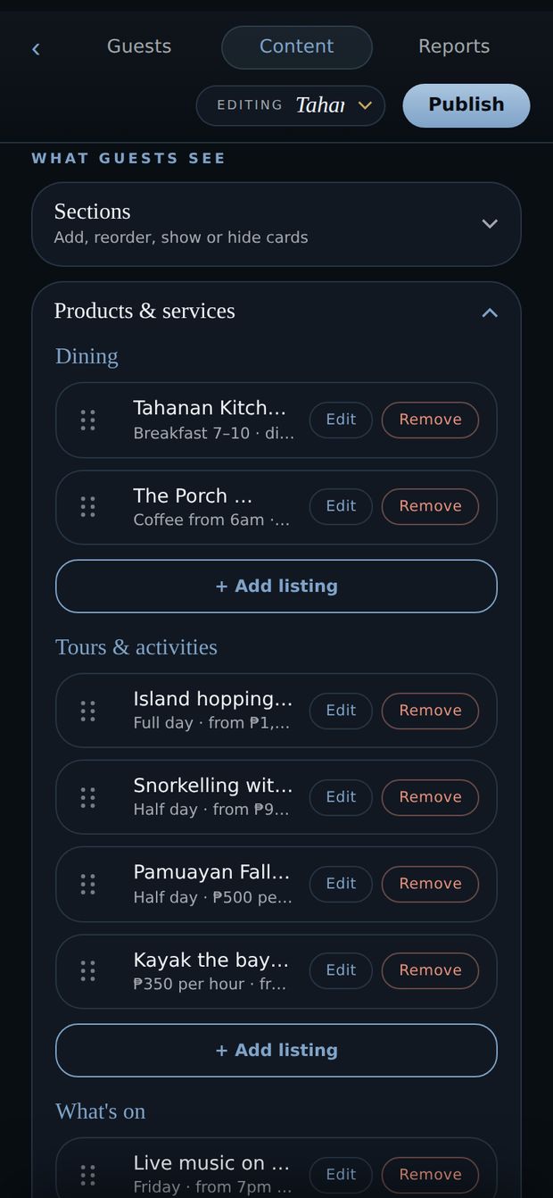 The content editor on a phone: the hotel’s dining and tour listings, each with Edit and Remove beside it, and a Publish button.