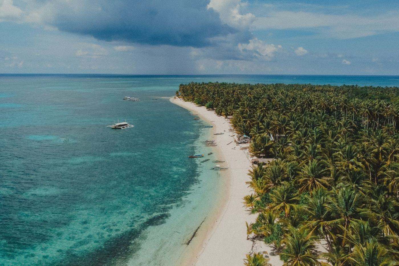 An aerial view of a palm-lined beach with boats offshore.