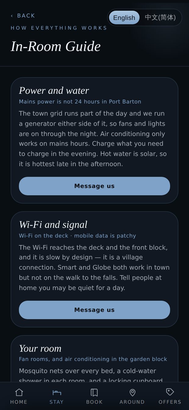 The In-Room guide in the guest app, answering in full: how the power and the solar hot water work, where the Wi-Fi reaches and which mobile networks have signal, and what is in the room.