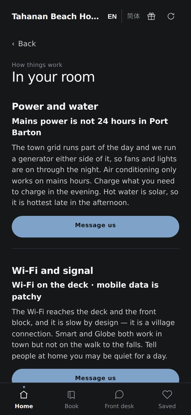 The In-Room guide in the guest app, answering in full: how the power and the solar hot water work, where the Wi-Fi reaches and which mobile networks have signal, and what is in the room.