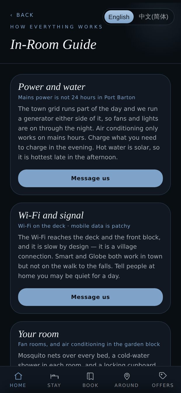 The In-Room guide in the guest app, answering in full: how the power and the solar hot water work, where the Wi-Fi reaches and which mobile networks have signal, and what is in the room.