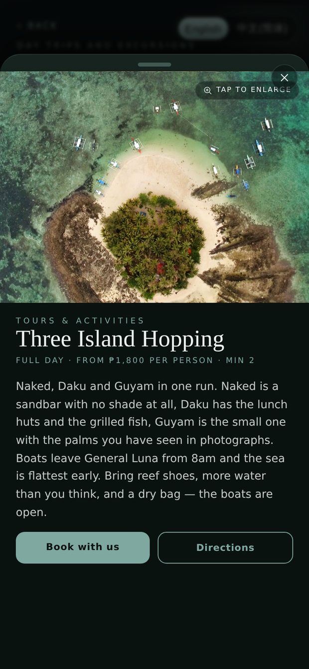 An island tour open in the guest app under Tours and activities, with the price, the full description, and a Book with us button.