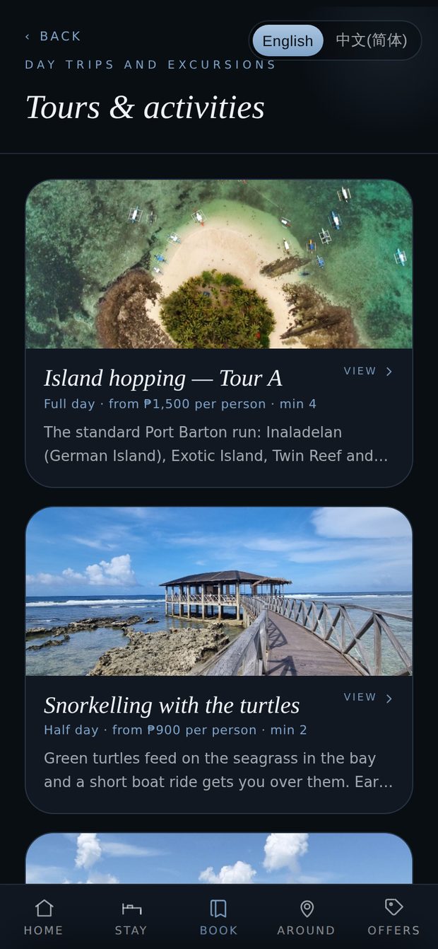 Tours and activities in the guest app: the hotel’s own island hopping trip and snorkelling trip, each with a photograph, the length, the price per person and the minimum party size.