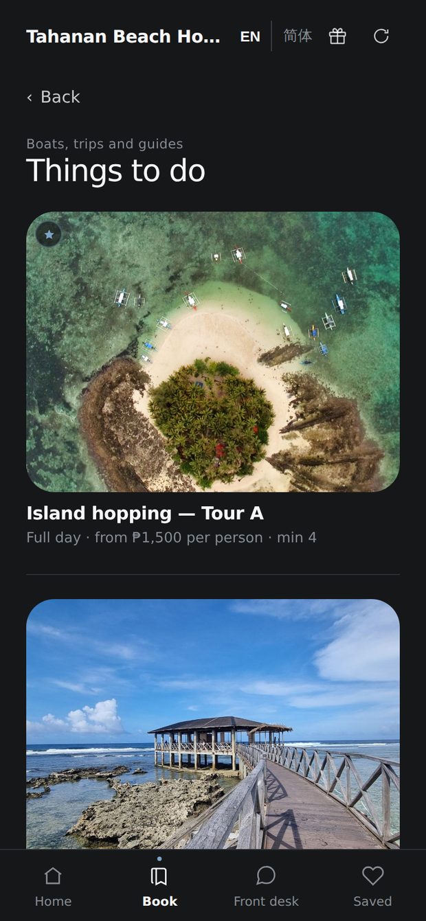 Tours and activities in the guest app: the hotel’s own island hopping trip and snorkelling trip, each with a photograph, the length, the price per person and the minimum party size.