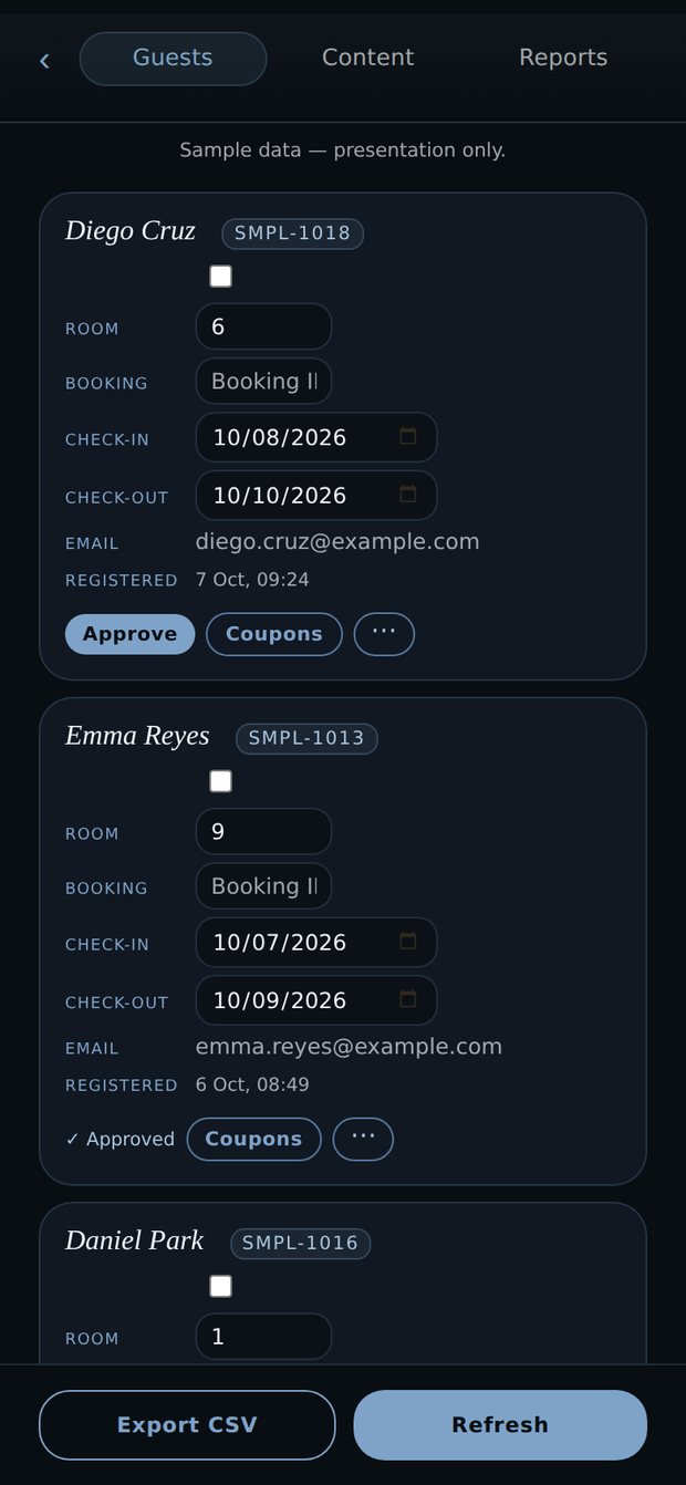 The owner’s guest list on a phone: each guest with their room, booking reference, check-in and check-out dates, email address and the time they registered, with Approve and Coupons buttons and an Export CSV button at the bottom.