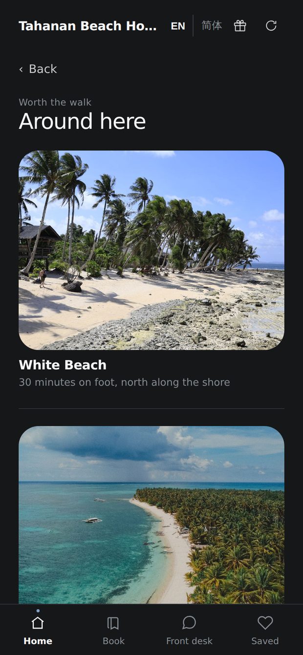 The Nearby section of the guest app, headed Attractions and directions: White Beach, thirty minutes on foot north along the shore, past the end of the village and over the headland; the town beach and the boats, two minutes, in front of the house; and where to change money — each with a photograph.