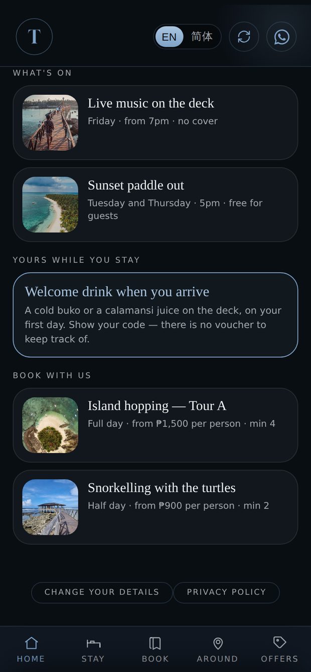 A guest’s home screen in the app, showing what the owner has put up: under What’s on, live music on the deck on Friday from 7pm with no cover, and the sunset paddle out on Tuesdays and Thursdays; under Yours while you stay, a welcome drink on arrival; and under Book with us, the hotel’s own island hopping and snorkelling trips.