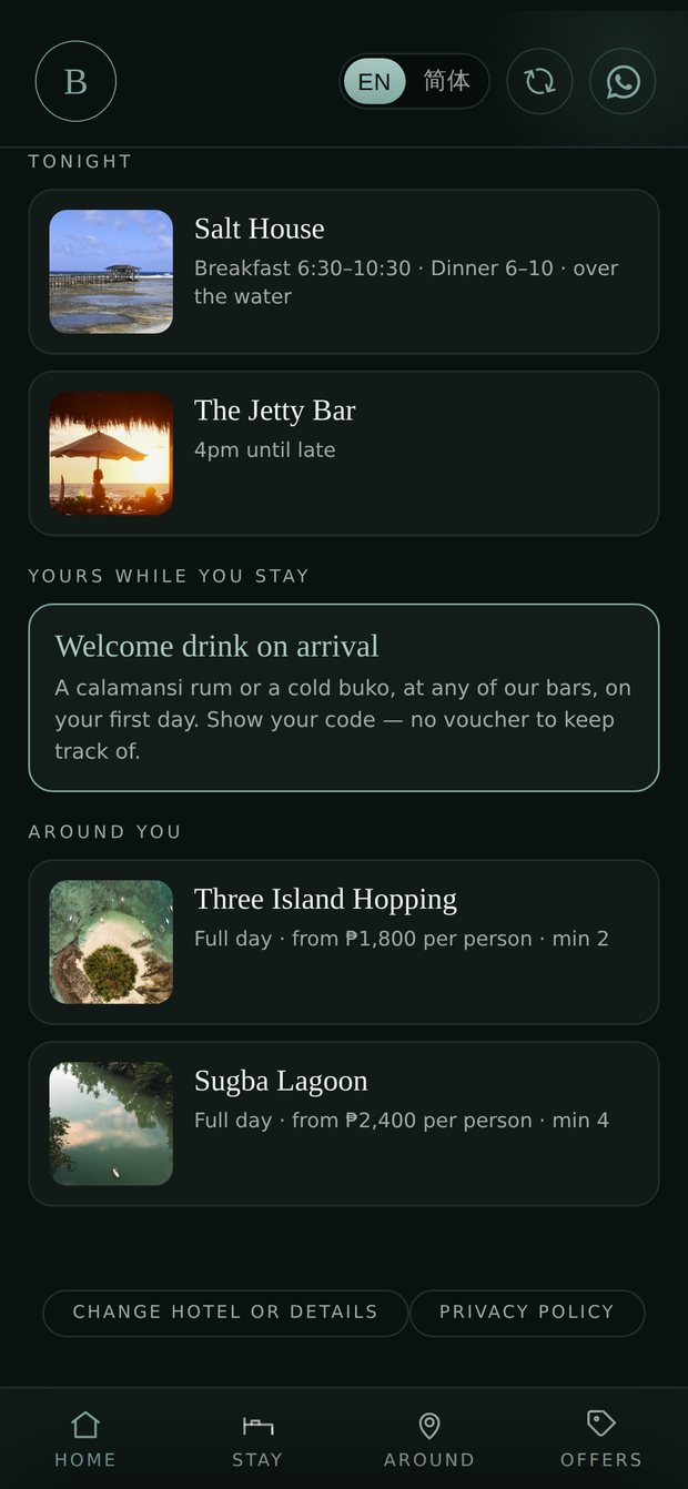 The guest app: Salt House and The Jetty Bar under Tonight, an offer below, and Home, Stay, Around and Offers along the bottom.