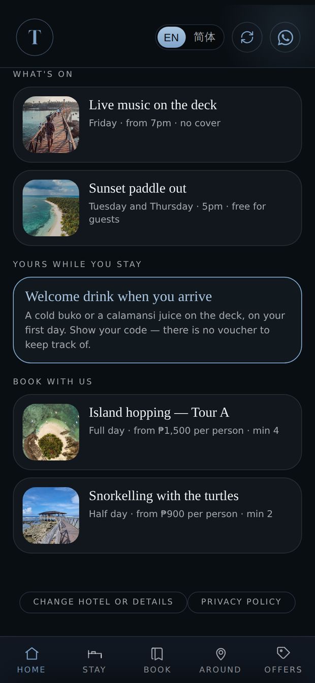 The guest app: the hotel’s kitchen and bar under Tonight, live music and a sunset paddle under What’s on, and an offer below.